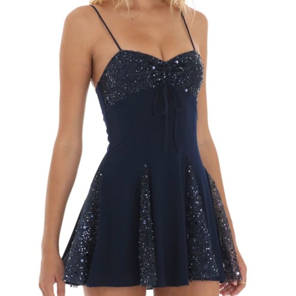 Lucy in the Sky Navy Blue Starlette Sequin Beaded Tulle Mini Dress XXS - Picture 1 of 9